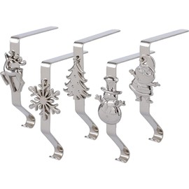 KAHEIGN 5Pcs Christmas Stocking Holders, 5 Styles Snowflake Reindeer Snowman Gnome Tree Metal Fireplace Stocking Hangers No-slip Mantel Stocking Hooks for Christmas Party Decoration (Silver)