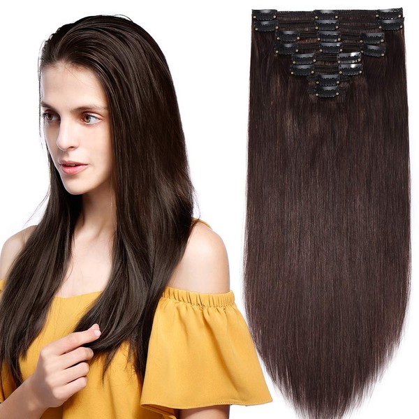 Clip-in extensions, real hair thick double wefts, 8 pieces, 18 clips (45 cm - 140 g, #2 dark brown)