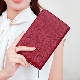 KASSAI Cowhide Leather Passbook Case, Large Capacity, RFID Skimming Prevention, Passport, Card Case, red