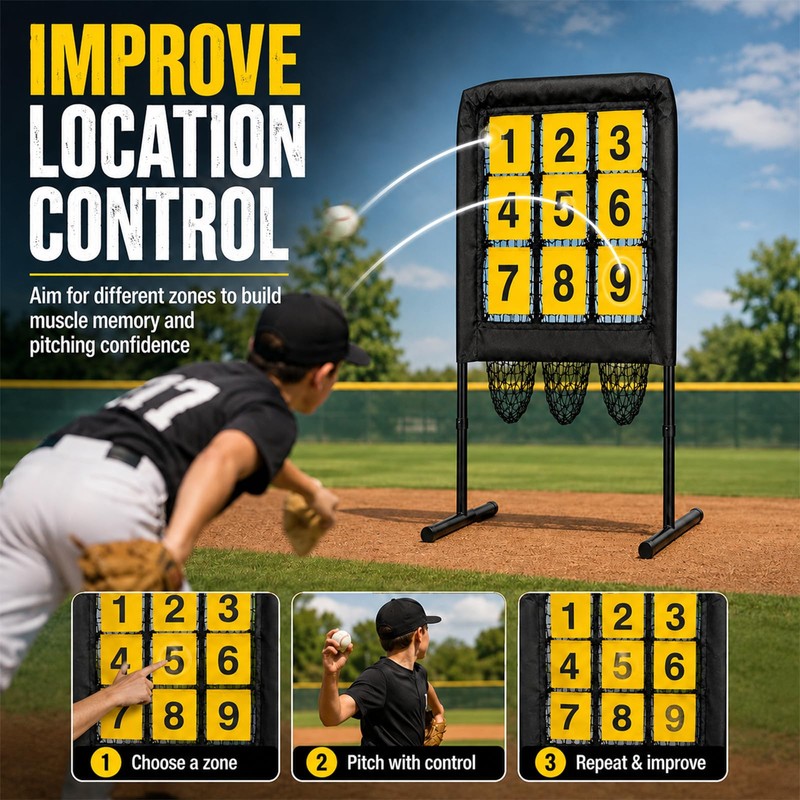 Malletra 9 Hole Baseball Pitching Net with Pitching Target, Adjustable