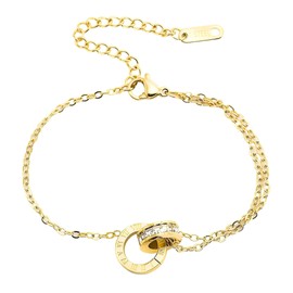 HongYi meiduan STFE Roman Numeral Interlocking Circle Bracelet, Stainless Steel, CZ Accents, Adjustable Chain, Women's Jewelry (Gold)
