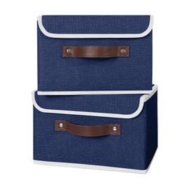 ANMINY 2PCS Storage Bins with Lid PU Leather Handles Storage Boxes PP Plastic Board Decorative Foldable Lidded Cotton Linen Fabric Home Cubes Baskets Closet Organizer Containers - Blue, Small Size