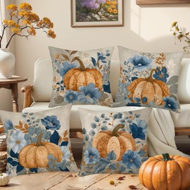 Fukeen Set of 4 Autumn Pumpkin & Blue Floral Pillow Cover 18x18 Inch Set of 4 Vintage Fall Harvest Pumpkin Flower Throw Pillow Covers Rustic Farmhouse Decorative Cushion Case for Sofa Couch