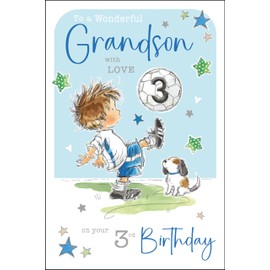 Jonny Javelin Wonderful Grandson 3rd Birthday Card - Happy Birthday Card Age 3 with Boy, Dog and Football Design with Foil and Flitter Details - Birthday Card for Children