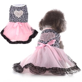 Dog Costume Dress S, Black Floral Top with Pink Tulle Skirt and Bow, Glitter Heart Pet Outfit for 6-7 lbs Dogs and Cats, Romantic Holiday Clothing