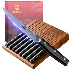 PIKLOHAS Steak Knives Set of 8 with Drawer Organizer, 4.5 Inch Non Serrated Dinner Knife, Forged German Steel Damascus Pattern Straight Edge Meat Knife with Full Tang Handle, Dishwasher Safe, Black - Color: set of 6 without block