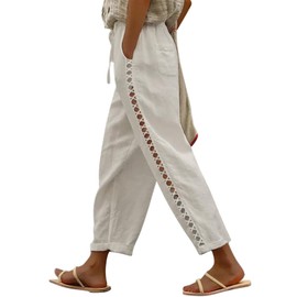 Puimentiua Women's Linen Capri Pants with Drawstring Petite Summer Beachwear Lightweight Elastic Waist Pants, Light Khaki, M