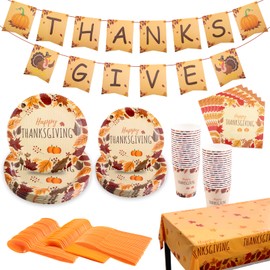 Supernal 212 pcs Thanksgiving party supplies,Thanksgiving Paper Plates,Thanksgiving dinnerware set Includes Plates,Napkins,Cups,Cutlery,Tablecloth,Banner Severs 30 Guests,Ideal for Thanksgiving Party