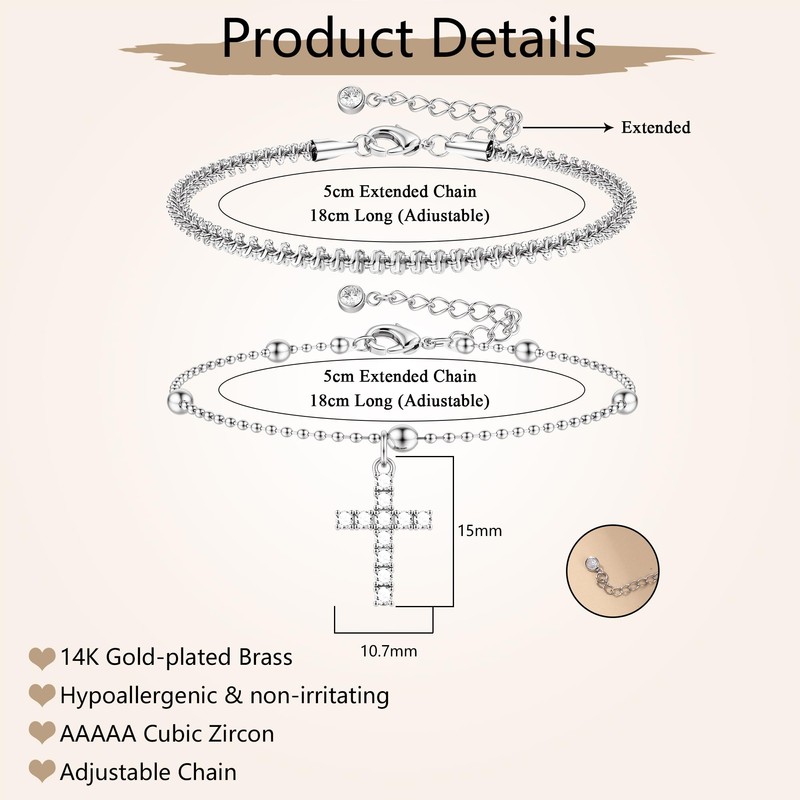 Dochais 14K Gold Heart Bracelet for Women, Adjustable Silver Matching