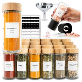 Glass Spice Jars with Label, 24PK Round Bamboo Spice Jar Set 4oz Seasoning Containers with Labels, 374 Spice Labels, Spice Bottles Funnel Empty Spice Jars and Shaker Lids Spice Containers and Grinder