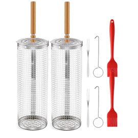 Rolling Grill Basket, 2 Pack Stainless Steel Grilling Baskets BBQ Net Tubes, Portable Outdoor Camping Cooking Barbecue Accessories for Meat, Fish, Vegetables, French Fries