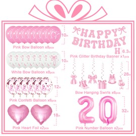 Pink Bow 20th Birthday Decorations Girl, Bow Coquette Birthday Decorations for Girl’s 20 Birthday, Girl Cute Bow Themed Happy Birthday Party Supplies with Pink Bow Balloons, Banner, Hanging Swirls