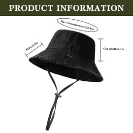Women's Washed Bucket Hat – Vintage Distressed Style Cotton Sun Hat with Adjustable Drawstring and Chin Strap – Breathable Outdoor UV Protection Cap Black