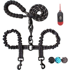 FRANCISCO Correa Doble para Perros,120cm Correa giratoria Giratoria de 360 ° sin Enredos,Ajustable Correas Perros Elástico Amortiguador,Reflejos nocturnos,Apto para Dos Perros (Negro)