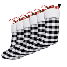 KINBOM 6 Pcs Large Christmas Stockings,18 Inch / 45.7cm White Black Buffalo Plaid Christmas Stockings Fireplace Hanging Stockings for Family Christmas Holiday Season Party Decoration