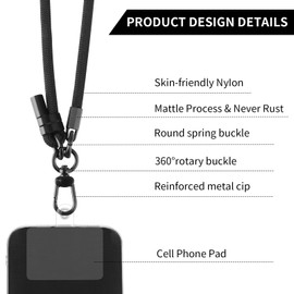 Amaxiu Cell Phone Crossbody Lanyards, Thick Nylon Phone Lanyard Strap Around the Neck Universal Adjustable Phone Straps with 2pcs Tether Pads Compatible with Mobile Phones, Earphone, Keychain(Black)