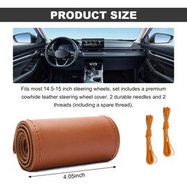 Wevdn Genuine Leather Steering Wheel Cover, Stitch on Wrap, DIY Sewing Steering Wheel Protector, 15 Inch Breathable Non-Slip Steering Wheel Protector, Car Accessories (Brown, Glossy)
