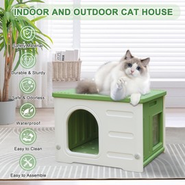 Plastic Cat House for Outdoor Indoor Use, Feral Cat Shelter Indoor Stackable Cat House Insulated Weatherproof Waterproof -Green