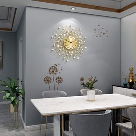 YIJIDECOR Large Wall Clocks for Living Room Decor Big Silent Wall Clock Battery Operated Non-Ticking for Bedroom Kitchen Home Decorative 24 Inch Gold Round Crystal Metal Wall Watch for Office Indoor