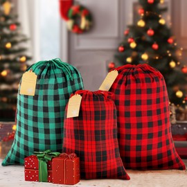 Large Fabric Drawstring Christmas Gift Bags Assorted Sizes, 3Pcs 20"x28" Black Red Green Buffalo Plaid Christmas Bags Heavy Santa Sacks with Kraft Gift Tags for Xmas Holiday Gift Wrapping & Giving