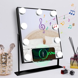 MISAVANITY Vanity Mirror with Lights Hollywood Mirror with Bluetooth and Wireless Charging,Smart Touch Control 3 Colors Lighting Modes, Detachable 10X Magnification, 360°Rotation, Black