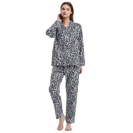Amaxer Women's 100% Cotton Pajama Set For Women Long Sleeve Soft Button Pajamas Elastic Drawstring PJs, Leopard Print, Medium
