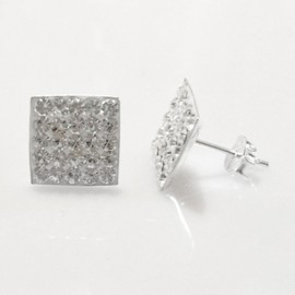 10MM Bling MENS LARGE Square Micro Pave Austrian Crystal Sterling Silver Stud Earrings - White/Clear - Beckham Style