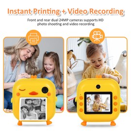 AURTEC Instant Camera for Kids, Mini Thermal Printing Camera, No Ink Required, 48MP Dual Camera,1080P HD Video, 32G TF Card, 3 Print Paper, 2.4 Inch Color Screen, Cute Animal Cartoon Design, Duck