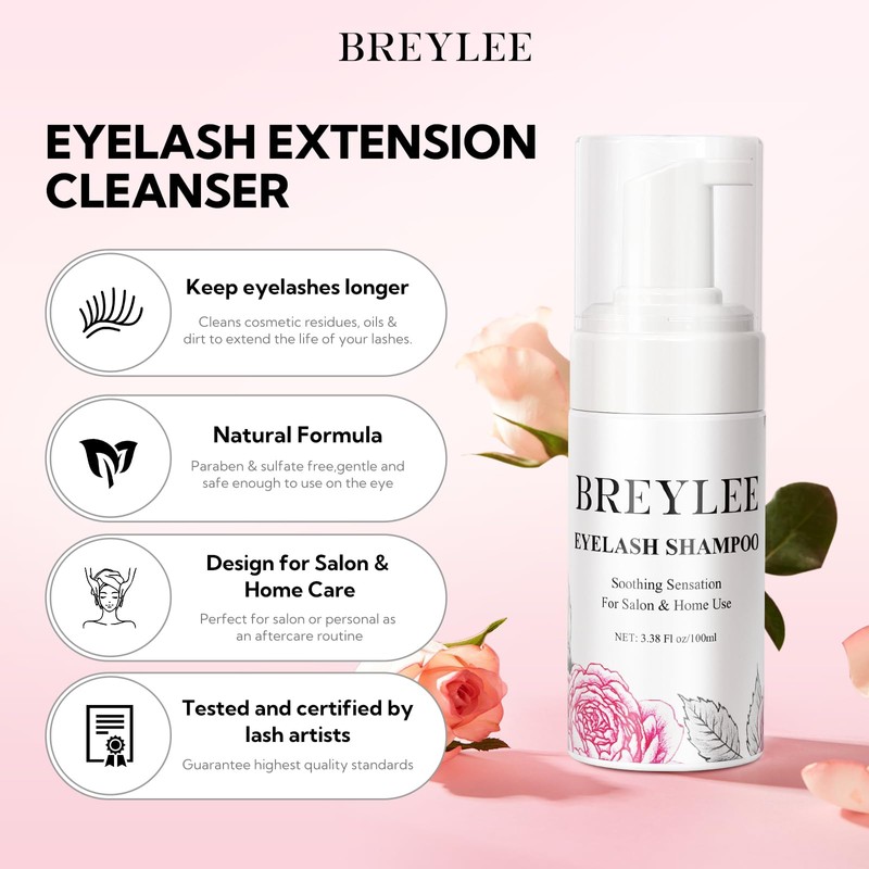 BREYLEE 100 ml Lash Shampoo for Lash Extensions, Lash Fan