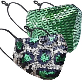 metaltree98 Women’s Lady’s Sequin Multi Color Fashion Bling Face Nose Mask With Adjustable Ear Loops Washable Reusable Breathable (2 mask Set Animal Green/Green)