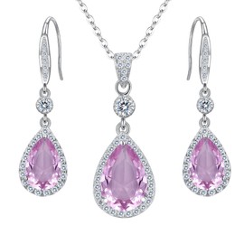 EleQueen 925 Sterling Silver Cubic Zirconia Teardrop Bridal Pendant Necklace Hook Dangle Earrings Set for Women, Valentine's Day/Mother's Day/Christmas Jewerly Gift for Wife/Mom