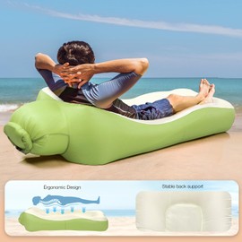 Outplea Inflatable Lounger Air Sofa Lightweight, Portable Inflatable Sun Lounger with Carry Bag, Waterproof Blow Up Camping Sofa for Beach Pool Music Festival, Green & Beige