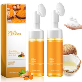 2PCS Turmeric Face Wash with Brush, Turmeric Foaming Facial Cleanser, Fit for All Skin Care with Coconut Oil, 3.38 fl.oz/pc