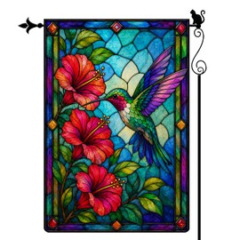 Stained Glass Hummingbird Hibiscus Garden Flag, Double Sided 12 x 18 Inch Burlap Outdoor Yard Flag for Porch Patio Lawn Decor