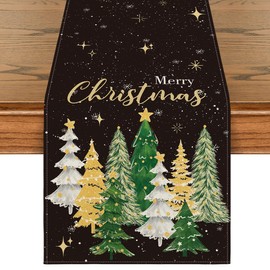 Artoid Mode Xmas Trees Black Merry Christmas Table Runner, Seasonal Winter Kitchen Dining Table Decoration for Home Party Decor 13x72 Inch