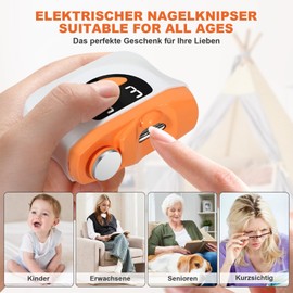 Electric Nail Clippers, 3 Speeds Nail Trimmer Electric with LED Light, 2-in-1 Nail Clippers and Nail Grinder for Children, Adults and Elderly People (Orange)