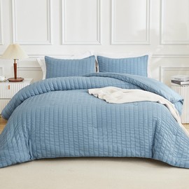 AveLom Seersucker King Comforter Set - 104x90, Grayish Blue, 3 Pieces - Machine Washable