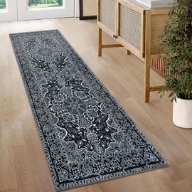KUTA Runners for Hallways 2x6 Black Navy Blue, Vintage Floral Kitchen Rugs Non-Slip Washable Runner Ultra Soft Printed Retro Distressed Flower Entryway Carpet for Bedroom Laundry Nursery