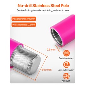 VEVOR Professional Dancing Pole, 40mm Heavy-Duty Stainless Steel Pole, Spinning Static Fitness Equipment, Height Adjustable Dancing Kit, Portable Removable Poles for Exercise Home Club Gym, Pink