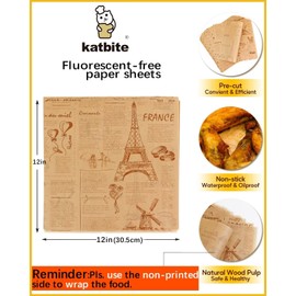 Katbite 100 Pcs Sandwich Wrapping Paper, Deli Paper Sheets 12x12 inch Food Basket Liners, Grease Proof & Non-stick Baking Parchment Paper is Perfect for Home, Picnic, Wrap, Burger and Burrito