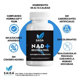 Nad+ 30 Cápsulas | Resveratrol | Suplemento Alimenticio | Sin gluten Saisa Herbal | Antienvejecimiento Salud celular, Energía Celular | Sabor Neutro