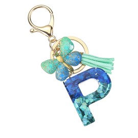 SUIKIHUM Initial Letter Keychains, (1.54"x1.34" Mini Letter Butterfly KeyChain) Resin Tassel Pendant Cute Car Keychain for Wallet Handbags Backpack, Blue (P)