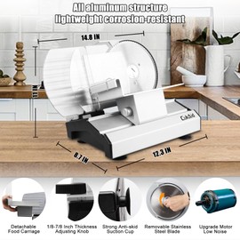 Electric Meat Slicer, 200W Meat Slicer Machine for Home Use, Deli Food Slicer, Meat Cutter Machine, Aluminum,Dishwasher Safe, Removable Blade & Food Carriage and Pusher, 7/8 Inch Adjustable Thickness