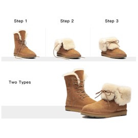 AU&MU Womens Lace up Sheepskin Classic Fur Winter Snow Boot Chestnut Size 8