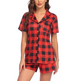 Ekouaer Pajamas Set for Women Short Sleeve Sleepwear Button Down Pjs Soft 2 Piece Lounge Sets Black and Red Plaid XXL