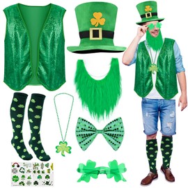 Abitoncc St Patrick’s Day Costume Accessories Men’s Sequin Vest Shamrock Leprechaun Hat Green Faux Beard Glasses Socks