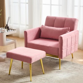 DIFY Velvet Accent Chair with Adjustable Armrests and Backrest, Upholstered Tufted Lounge Chair, Single Recliner Armchair with Ottoman and Pillow for Living Room, Bedroom, Pink