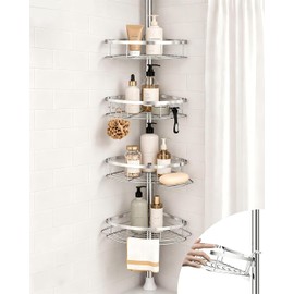 SEIRIONE Rustproof Shower Corner Caddy Organizer for Bathroom, 4 Adjustable Shelves with Tension Pole, for Bathtub Shampoo Accessories Storage Holder, 34 to 116 Inch Height, Silver