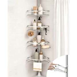 SEIRIONE Rustproof Shower Corner Caddy Organizer for Bathroom, 4 Adjustable Shelves with Tension Pole, for Bathtub Shampoo Accessories Storage Holder, 34 to 116 Inch Height, Silver