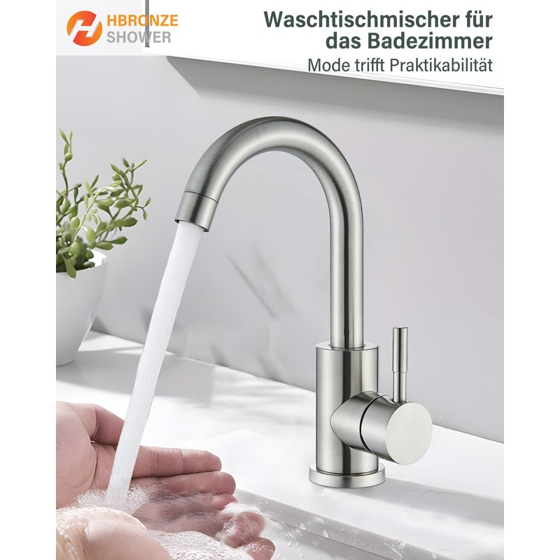 Hbronzeshower Bathroom Tap, 360° Swivel, Single-Lever Basin Mixer Tap (Brushed)
